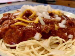 Two-Bean Chili over spaghetti noodles