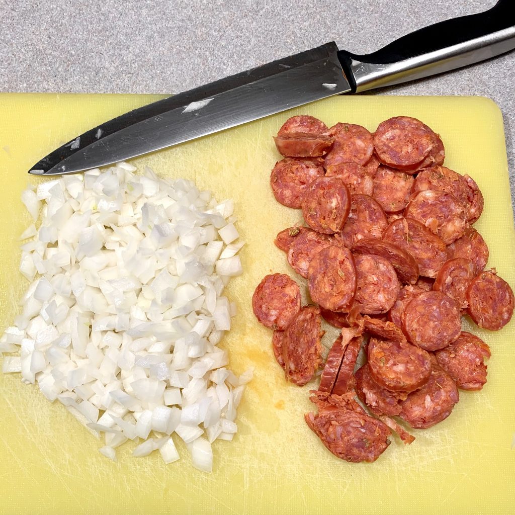 Diced onion and sliced pepperoni